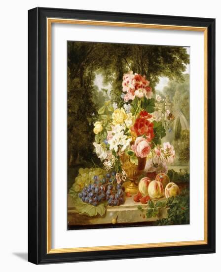 A Vase of Summer Flowers and Fruit on a Ledge in a Landscape, 1867-William John Wainwright-Framed Giclee Print