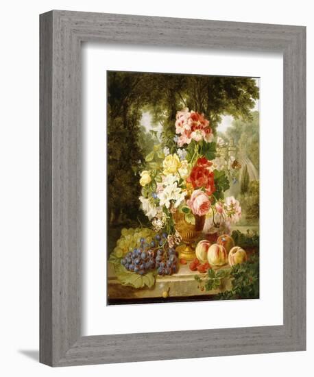 A Vase of Summer Flowers and Fruit on a Ledge in a Landscape, 1867-William John Wainwright-Framed Giclee Print