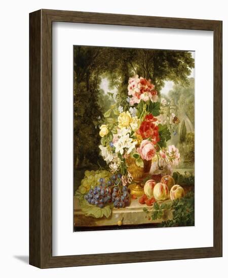 A Vase of Summer Flowers and Fruit on a Ledge in a Landscape, 1867-William John Wainwright-Framed Giclee Print