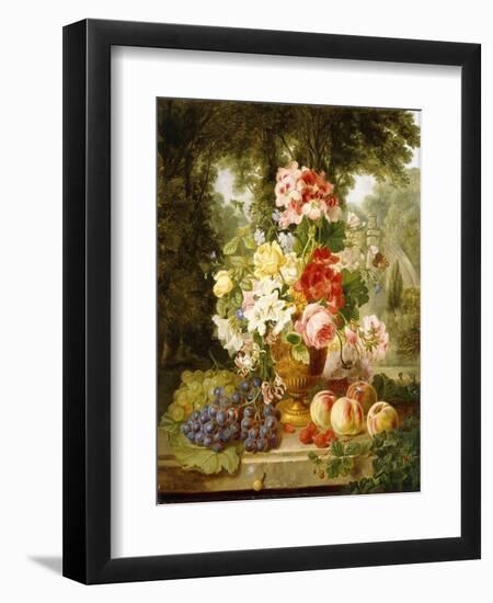 A Vase of Summer Flowers and Fruit on a Ledge in a Landscape, 1867-William John Wainwright-Framed Giclee Print