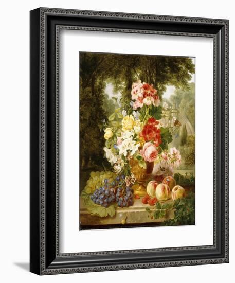 A Vase of Summer Flowers and Fruit on a Ledge in a Landscape, 1867-William John Wainwright-Framed Giclee Print