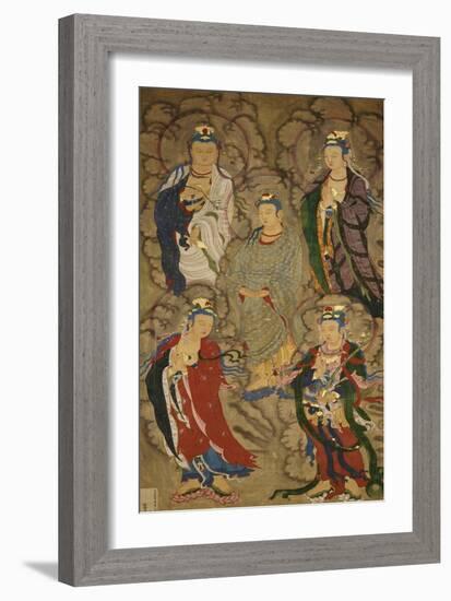 A Very Rare Buddhist Painting of Guanyin and Four Bodhisttvas, Dated Shunzhi Tenth Year (AD1654)-null-Framed Giclee Print