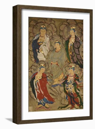 A Very Rare Buddhist Painting of Guanyin and Four Bodhisttvas, Dated Shunzhi Tenth Year (AD1654)-null-Framed Giclee Print