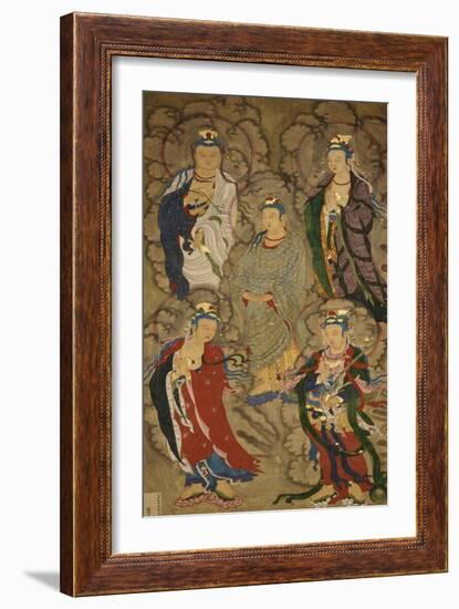 A Very Rare Buddhist Painting of Guanyin and Four Bodhisttvas, Dated Shunzhi Tenth Year (AD1654)-null-Framed Giclee Print