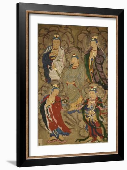 A Very Rare Buddhist Painting of Guanyin and Four Bodhisttvas, Dated Shunzhi Tenth Year (AD1654)-null-Framed Giclee Print