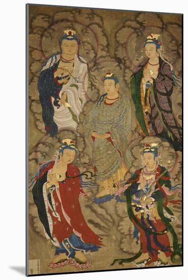 A Very Rare Buddhist Painting of Guanyin and Four Bodhisttvas, Dated Shunzhi Tenth Year (AD1654)-null-Mounted Giclee Print