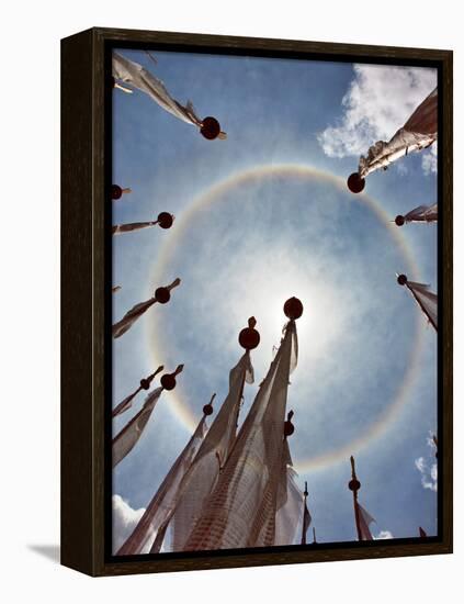 A Very Unusual Full Circle Rainbow Phenomenon Surrounded by Lungdhar Buddhist Prayer Flags-Nigel Pavitt-Framed Premier Image Canvas