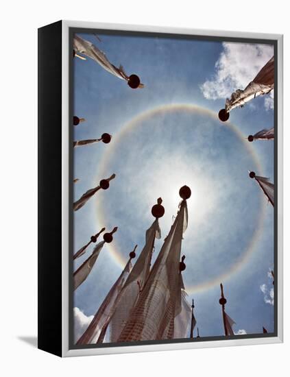 A Very Unusual Full Circle Rainbow Phenomenon Surrounded by Lungdhar Buddhist Prayer Flags-Nigel Pavitt-Framed Premier Image Canvas