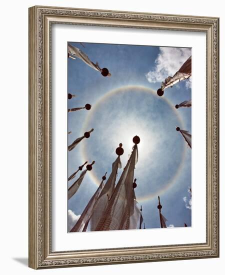 A Very Unusual Full Circle Rainbow Phenomenon Surrounded by Lungdhar Buddhist Prayer Flags-Nigel Pavitt-Framed Photographic Print