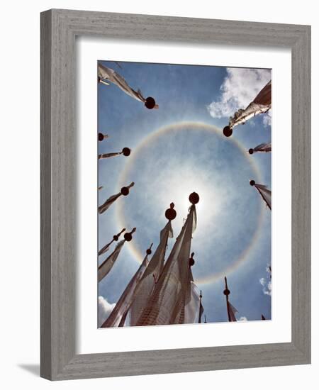 A Very Unusual Full Circle Rainbow Phenomenon Surrounded by Lungdhar Buddhist Prayer Flags-Nigel Pavitt-Framed Photographic Print