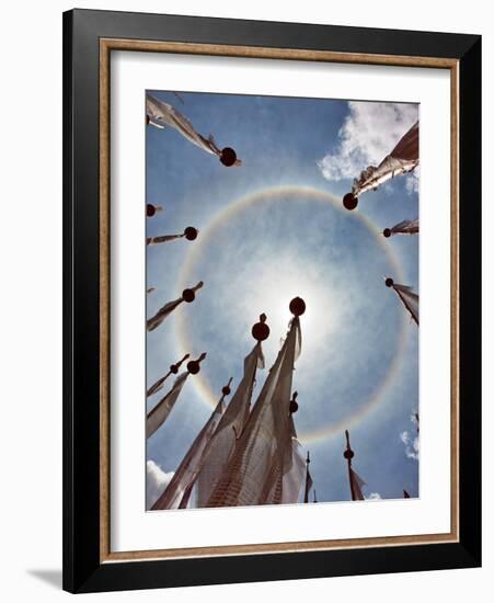 A Very Unusual Full Circle Rainbow Phenomenon Surrounded by Lungdhar Buddhist Prayer Flags-Nigel Pavitt-Framed Photographic Print