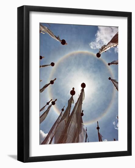 A Very Unusual Full Circle Rainbow Phenomenon Surrounded by Lungdhar Buddhist Prayer Flags-Nigel Pavitt-Framed Photographic Print