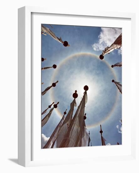 A Very Unusual Full Circle Rainbow Phenomenon Surrounded by Lungdhar Buddhist Prayer Flags-Nigel Pavitt-Framed Photographic Print