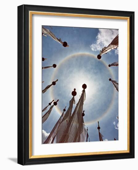 A Very Unusual Full Circle Rainbow Phenomenon Surrounded by Lungdhar Buddhist Prayer Flags-Nigel Pavitt-Framed Photographic Print