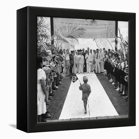 A Very Young Brazilian Boy Giving President Getulio Vargas a Speech-Hart Preston-Framed Premier Image Canvas