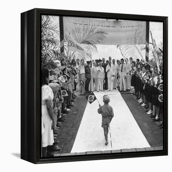 A Very Young Brazilian Boy Giving President Getulio Vargas a Speech-Hart Preston-Framed Premier Image Canvas