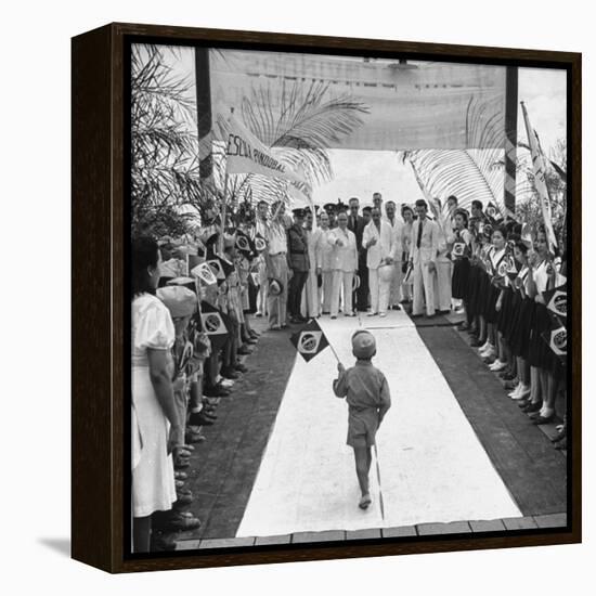 A Very Young Brazilian Boy Giving President Getulio Vargas a Speech-Hart Preston-Framed Premier Image Canvas