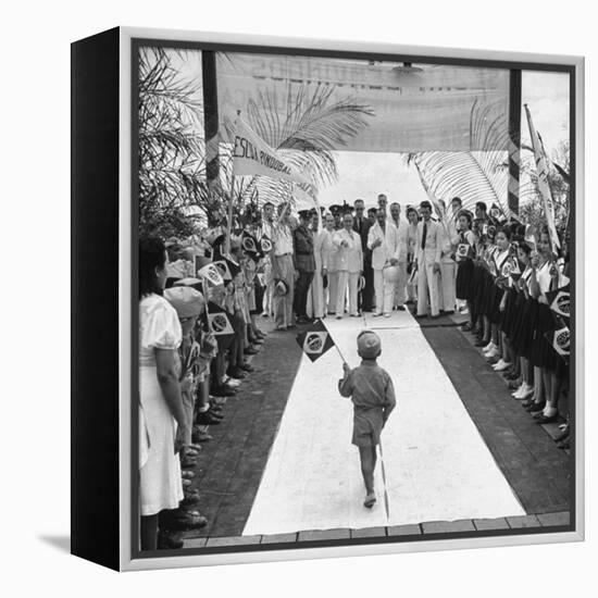 A Very Young Brazilian Boy Giving President Getulio Vargas a Speech-Hart Preston-Framed Premier Image Canvas