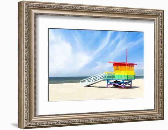 A Vibrant Photo of a Lifeguard Tower in the Colors of the Pride Flag-karandaev-Framed Photographic Print