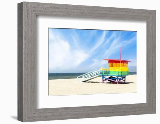 A Vibrant Photo of a Lifeguard Tower in the Colors of the Pride Flag-karandaev-Framed Photographic Print