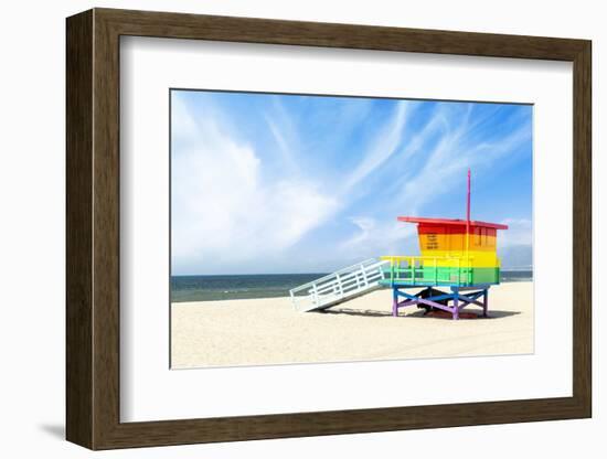 A Vibrant Photo of a Lifeguard Tower in the Colors of the Pride Flag-karandaev-Framed Photographic Print