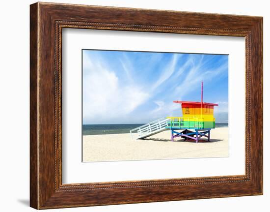 A Vibrant Photo of a Lifeguard Tower in the Colors of the Pride Flag-karandaev-Framed Photographic Print