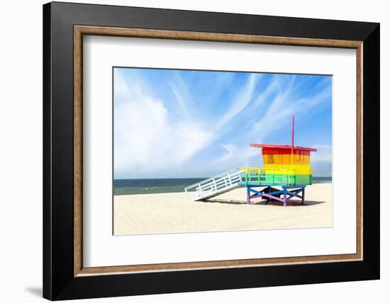 A Vibrant Photo of a Lifeguard Tower in the Colors of the Pride Flag-karandaev-Framed Photographic Print