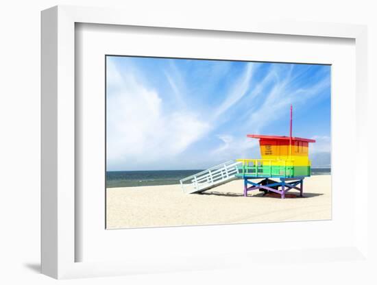 A Vibrant Photo of a Lifeguard Tower in the Colors of the Pride Flag-karandaev-Framed Photographic Print