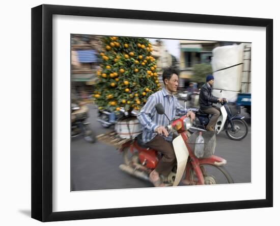 A Vietnamese Vendor Races Down a Street on a Motorbike Carrying a Kumquat Tree for Sale-null-Framed Photographic Print