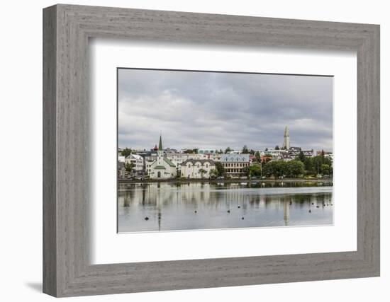 A View across the Pond of Downtown Reykjavik, Iceland, Polar Regions-Michael Nolan-Framed Photographic Print