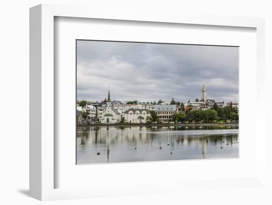 A View across the Pond of Downtown Reykjavik, Iceland, Polar Regions-Michael Nolan-Framed Photographic Print