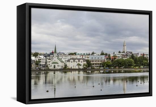 A View across the Pond of Downtown Reykjavik, Iceland, Polar Regions-Michael Nolan-Framed Premier Image Canvas