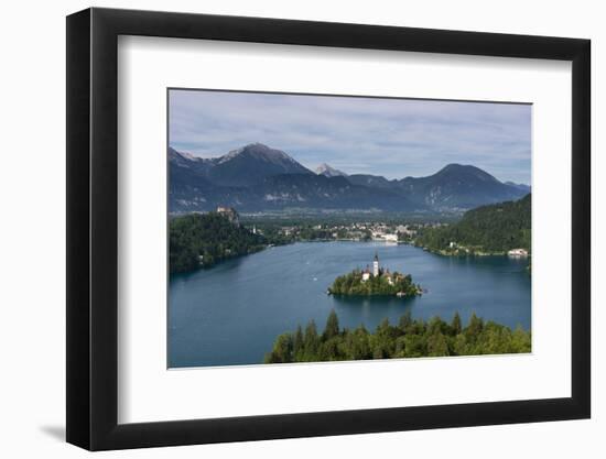 A view from above of Lake Bled and the Assumption of Mary Pilgrimage Church, Bled, Slovenia, Europe-Sergio Pitamitz-Framed Photographic Print