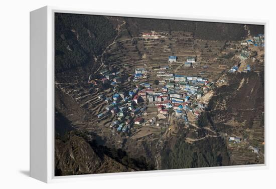 A view from Kongde looking down on Namche, the biggest village in Khumbu, the Everest region, Nepal-Alex Treadway-Framed Premier Image Canvas