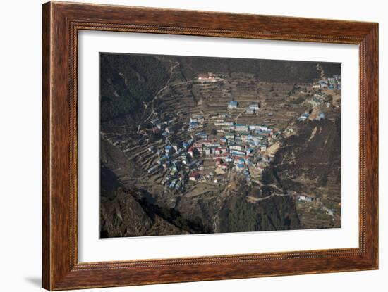 A view from Kongde looking down on Namche, the biggest village in Khumbu, the Everest region, Nepal-Alex Treadway-Framed Photographic Print