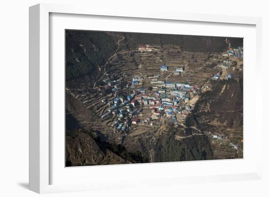 A view from Kongde looking down on Namche, the biggest village in Khumbu, the Everest region, Nepal-Alex Treadway-Framed Photographic Print