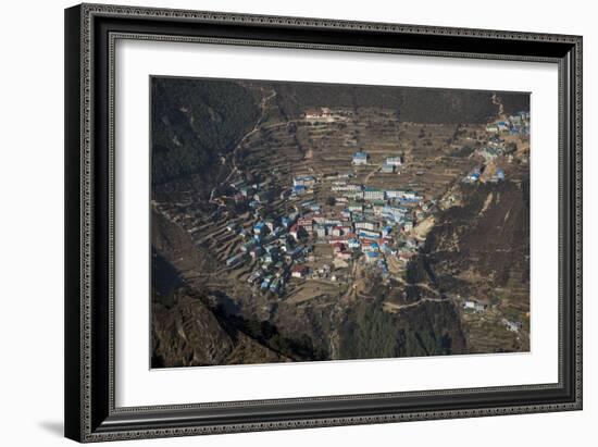 A view from Kongde looking down on Namche, the biggest village in Khumbu, the Everest region, Nepal-Alex Treadway-Framed Photographic Print