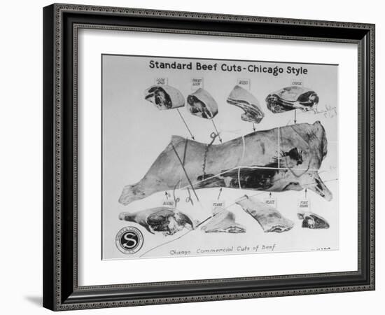 A View of a Meat Poster Showing Different Parts of a Cow from a Story Concerning Army Rations-null-Framed Photographic Print