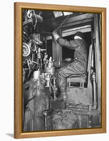 A View of a Santa Fe Railroad Freight Train Conductor Pulling the Whistle Cord-Bernard Hoffman-Framed Premier Image Canvas
