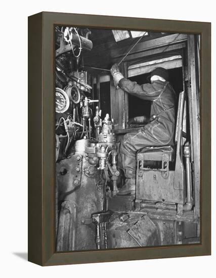 A View of a Santa Fe Railroad Freight Train Conductor Pulling the Whistle Cord-Bernard Hoffman-Framed Premier Image Canvas