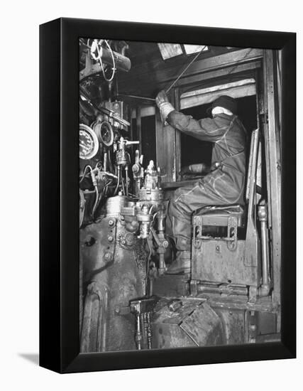 A View of a Santa Fe Railroad Freight Train Conductor Pulling the Whistle Cord-Bernard Hoffman-Framed Premier Image Canvas