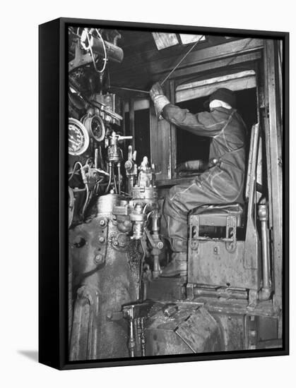 A View of a Santa Fe Railroad Freight Train Conductor Pulling the Whistle Cord-Bernard Hoffman-Framed Premier Image Canvas