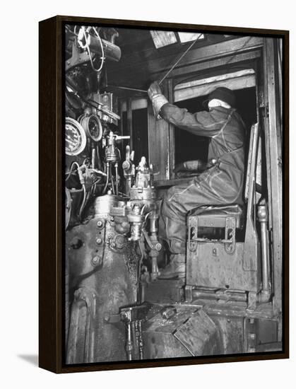 A View of a Santa Fe Railroad Freight Train Conductor Pulling the Whistle Cord-Bernard Hoffman-Framed Premier Image Canvas