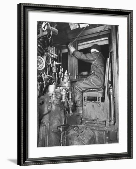 A View of a Santa Fe Railroad Freight Train Conductor Pulling the Whistle Cord-Bernard Hoffman-Framed Premium Photographic Print