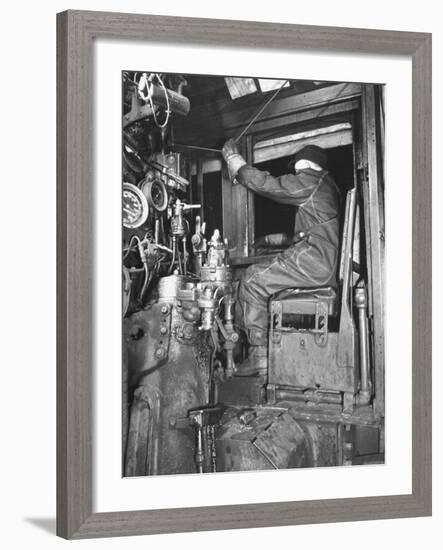 A View of a Santa Fe Railroad Freight Train Conductor Pulling the Whistle Cord-Bernard Hoffman-Framed Premium Photographic Print