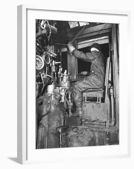 A View of a Santa Fe Railroad Freight Train Conductor Pulling the Whistle Cord-Bernard Hoffman-Framed Premium Photographic Print