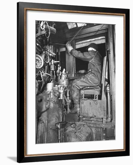 A View of a Santa Fe Railroad Freight Train Conductor Pulling the Whistle Cord-Bernard Hoffman-Framed Premium Photographic Print