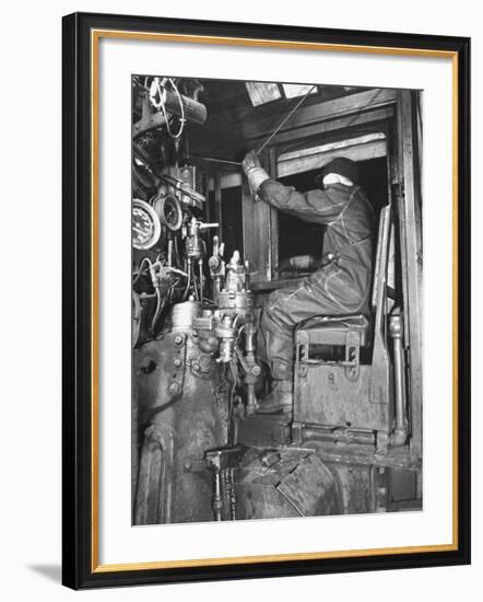 A View of a Santa Fe Railroad Freight Train Conductor Pulling the Whistle Cord-Bernard Hoffman-Framed Premium Photographic Print