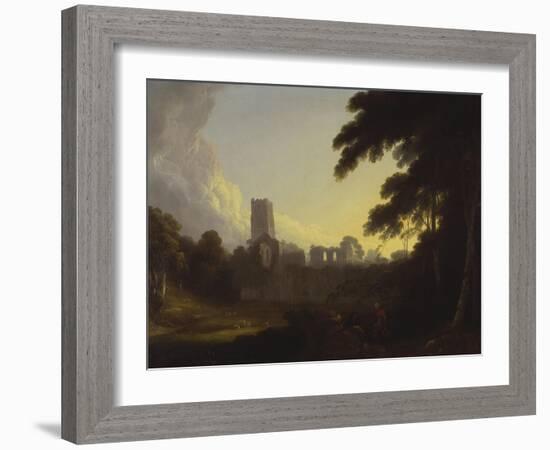 A View of Fountains Abbey, Yorkshire with a Shepherd and Two Figures in the Foreground-John Rathbone-Framed Giclee Print