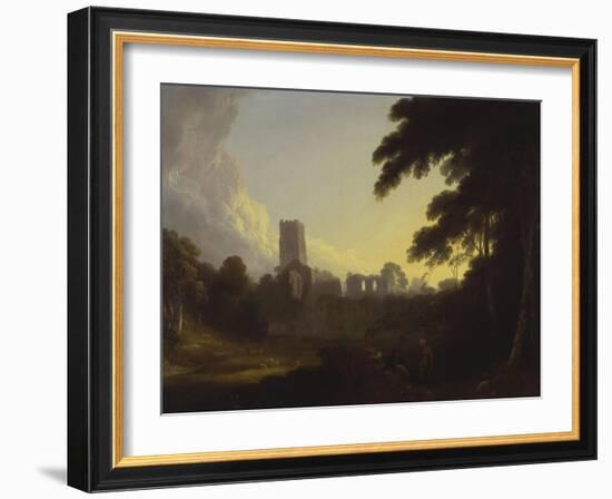 A View of Fountains Abbey, Yorkshire with a Shepherd and Two Figures in the Foreground-John Rathbone-Framed Giclee Print